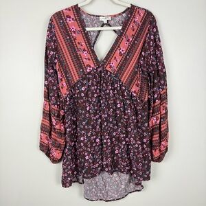 Umgee Top Women Medium Paisley Floral Boho Blouse Open Back Pink Red Brown Shirt
